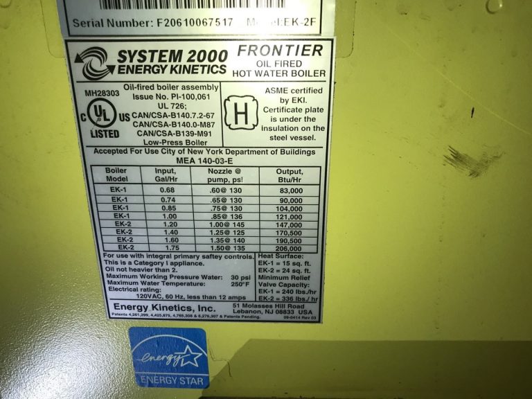 Boiler specs sticker